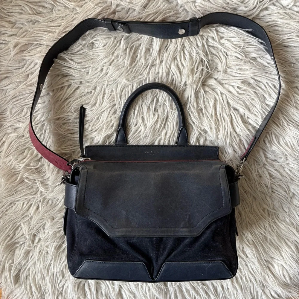 Rag & Bone Small Pilot Navy Blue Red Accent Leather Suede Zip-Up Satchel Bag